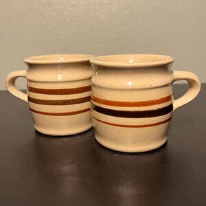 Two (2) Vintage HARTSTONE POTTERY Ohio Stoneware Factory Mugs ~ Tan w/ Stripes
